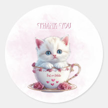 Kitten in Cup Pink Flowers Sticker