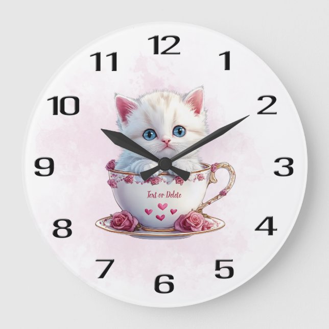Kitten in Cup Pink Flowers Wall Clock (Front)