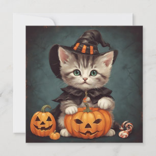 Kitten in Halloween Costume and Jack-O'-Lantern Card