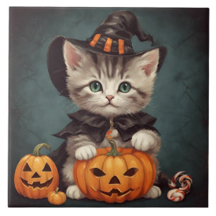 Kitten in Halloween Costume and Jack-O'-Lantern Ceramic Tile