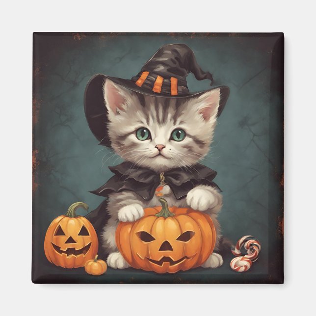 Kitten in Halloween Costume and Jack-O'-Lantern Magnet (Front)