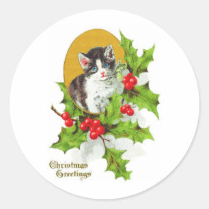 Kitten in Holly Vintage Christmas Stickers