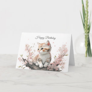 Kitten in Pink Flowers Birthday Card