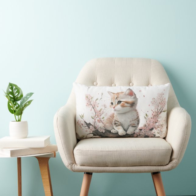 Kitten in Pink Flowers Lumbar Cushion (Chair)