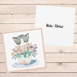 Kitten In Pot Of Flowers Welcome To Your New Home Card
