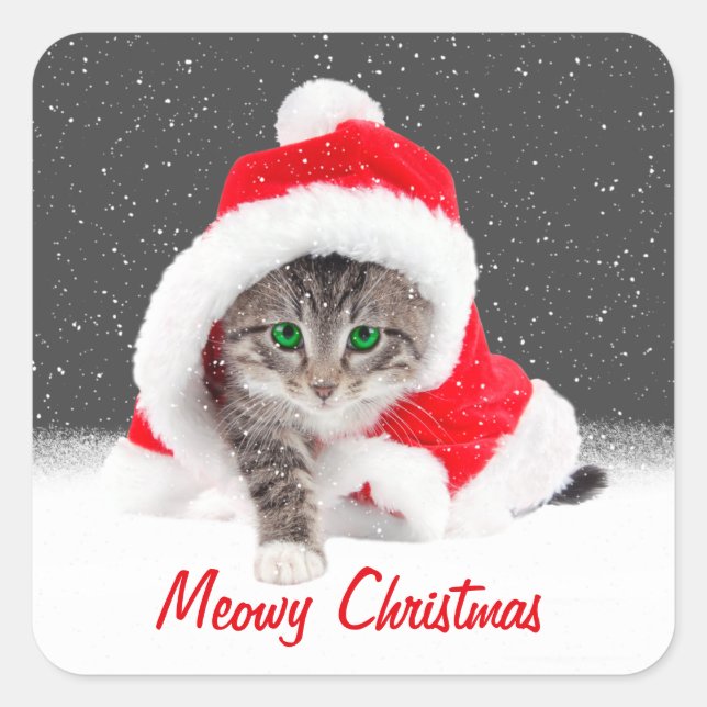 Kitten In Santa Hat and Snowflakes  Square Sticker (Front)