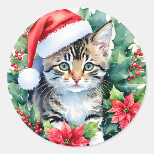 Kitten In Santa Hat Christmas Art Classic Round Sticker