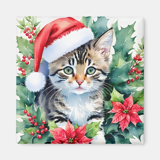 Kitten In Santa Hat Christmas Watercolor Art Magnet (Front)