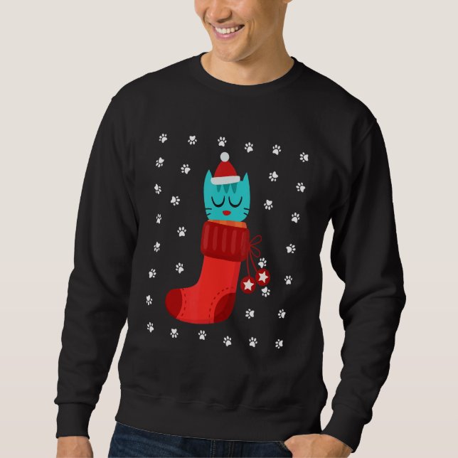 Kitten In Sock Humour Ugly Christmas Cat Paws Snow Sweatshirt (Front)
