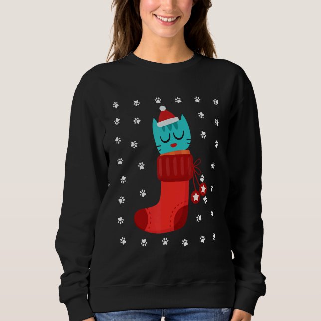 Kitten In Sock Humour Ugly Christmas Cat Paws Snow Sweatshirt (Front)
