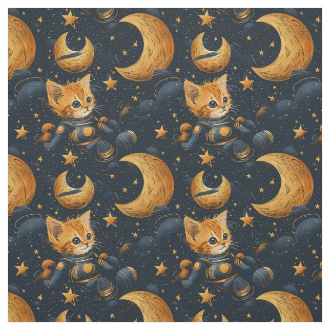 Kitten in space. Cute nursery themed Fabric (Swatch)
