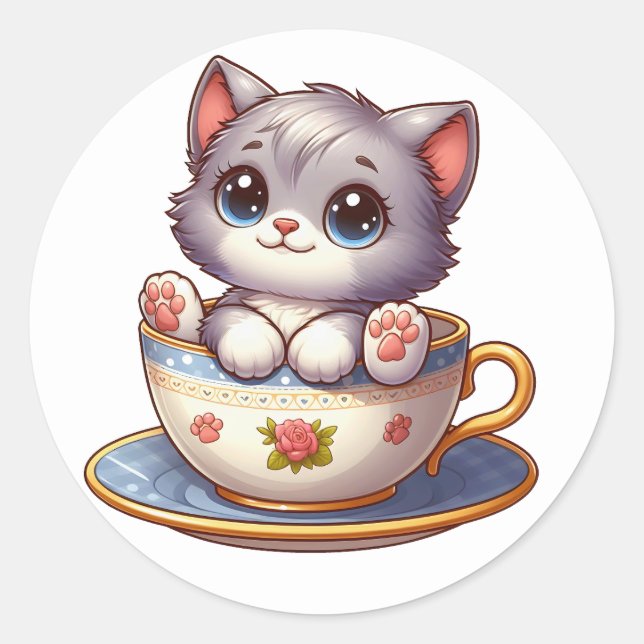 Kitten in Tea cup Stickers (Front)