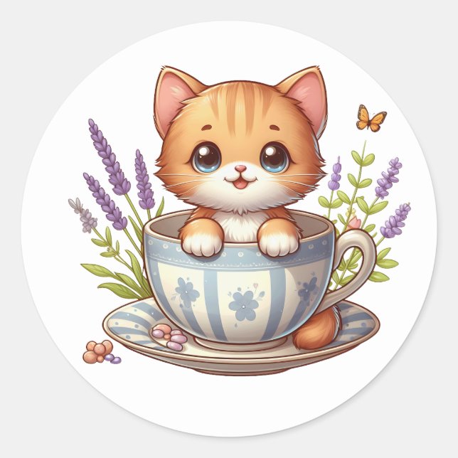 Kitten in Tea cup Stickers (Front)