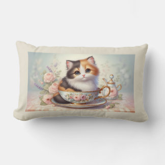 Kitten in Teacup Vintage Floral Tea Party Cat Art Lumbar Cushion