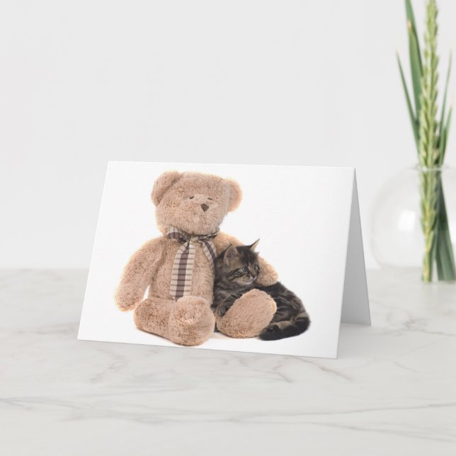 kitten in the arms of a teddy bear card (Front)