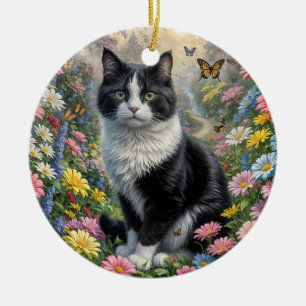 Kitten in the flower garden ceramic ornament