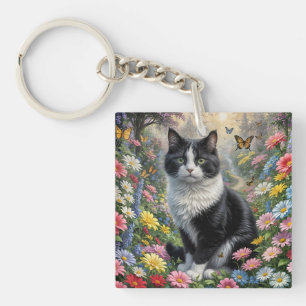 Kitten in the flower garden key ring