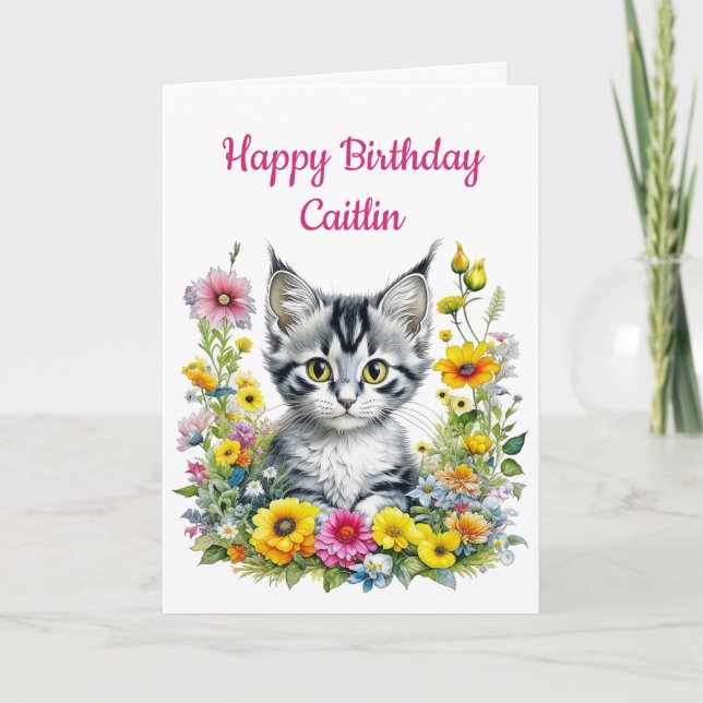 Kitten in Yellow Flowers Personalised Birthday Card (Front)