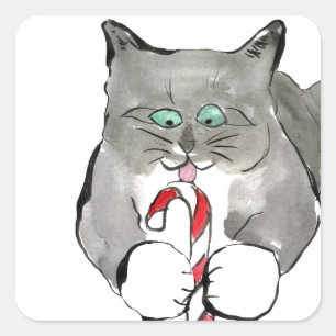 Kitten is Enjoying Licking the Candy Cane, Square Sticker