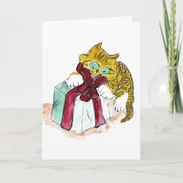 Kitten is Unwrapping a Merry Catmous Holiday Card (Front)