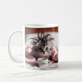 Kitten just waking up in need of some coffee. coffee mug