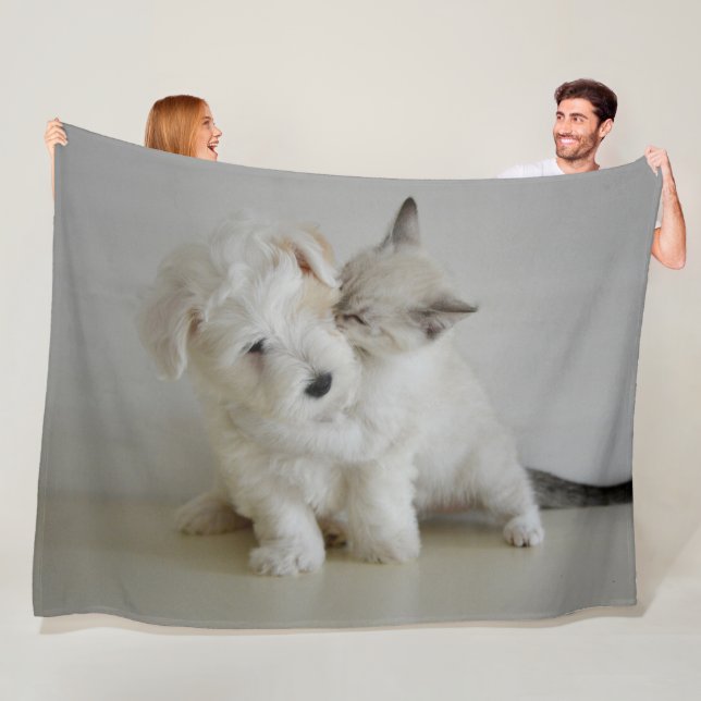 KITTEN KISSING PUPPY FLEECE BLANKET (In Situ)