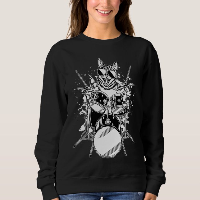 Kitten Kitty Cat Drummer Wearing Sunglasses Playin Sweatshirt (Front)