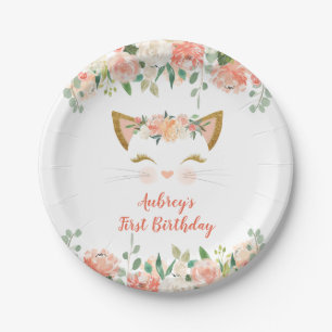 Kitten kitty cat floral peach cream birthday paper plate