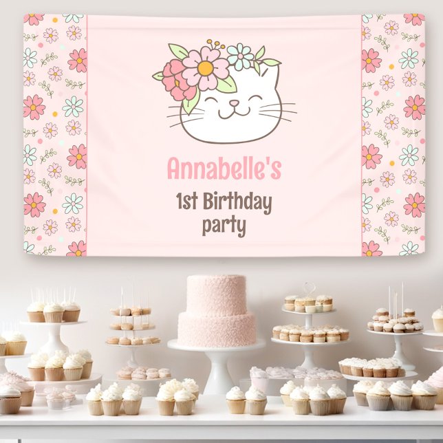 Kitten Kitty Cat Pink Girl 1st Birthday Banner (Kitten Kitty Cat Pink Girl 1st Birthday Banner)
