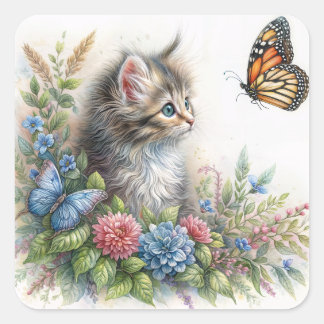 Kitten Looking At Orange Butterfly Square Sticker