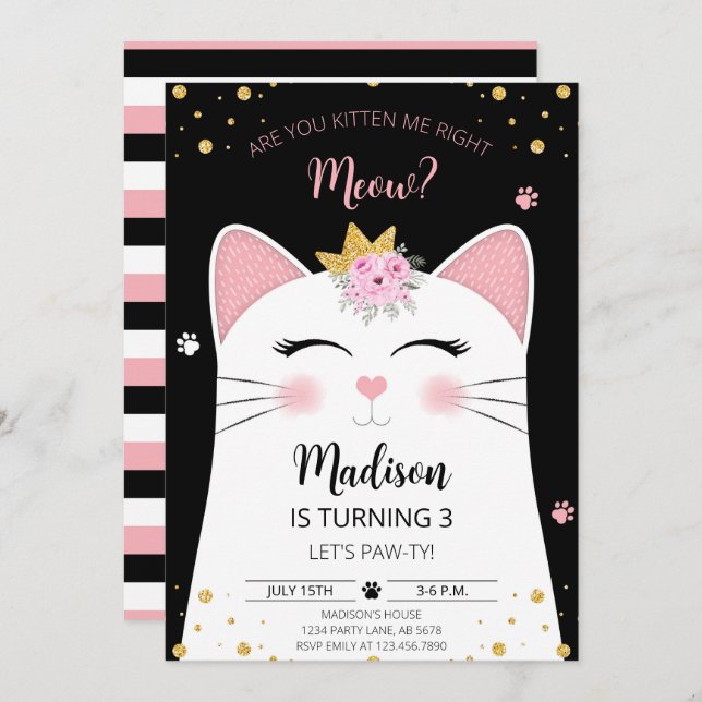 Kitten Meow Birthday Black Invitation (Front/Back)