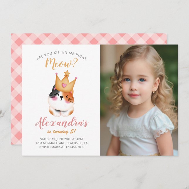 Kitten Meow Pink Crown Girl Kitty Cat Birthday Invitation (Front/Back)