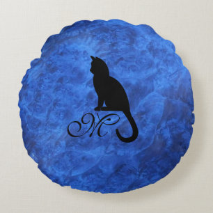Kitten Monogram Sapphire Blue  Round Cushion