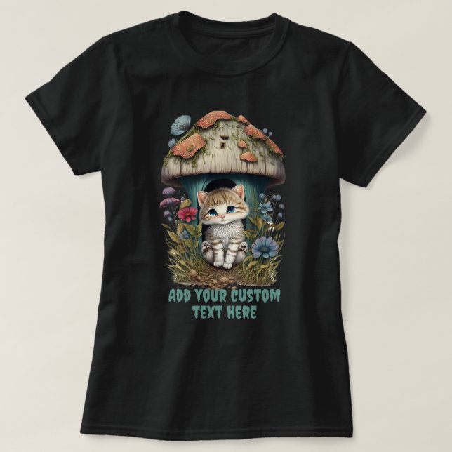 Kitten Mushroom House Floral, Cat Pet Lovers T-Shirt (Design Front)