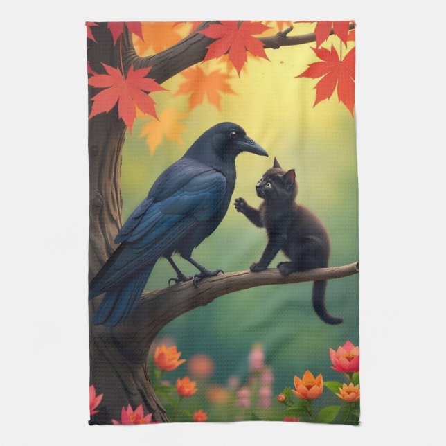 Kitten Oak Tree Garden Raven-Crows Kitchen Tea Towel (Vertical)