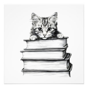 Kitten on Books Monochromatic Photo Print