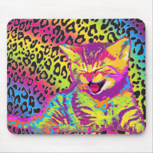 Kitten on rainbow leopard print background mouse pad