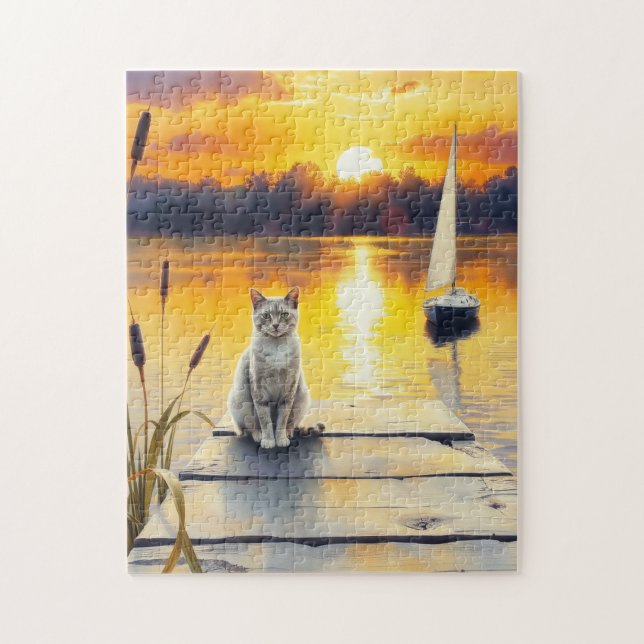 kitten on the dock at sunset jigsaw puzzle (Vertical)