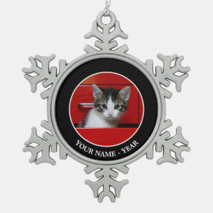 Kitten Peeking Snowflake Pewter Christmas Ornament