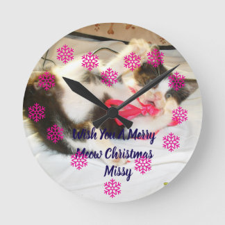 Kitten Photo Text Jingle Meows, Customise, Round Clock
