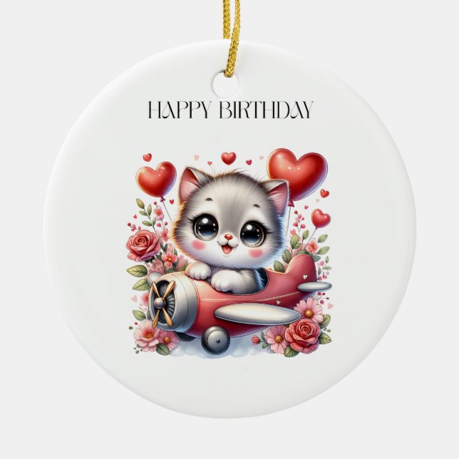 Kitten Pilot Birthday Ceramic Ornament (Front)