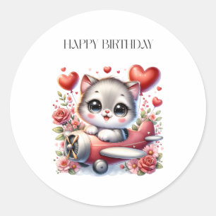 Kitten Pilot Birthday Classic Round Sticker