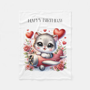 Kitten Pilot Birthday Fleece Blanket