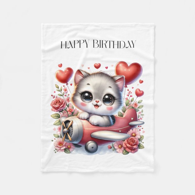 Kitten Pilot Birthday Fleece Blanket (Front)