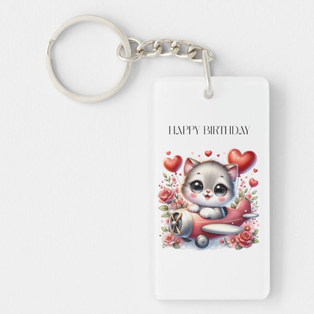 Kitten Pilot Birthday Key Ring (Front)