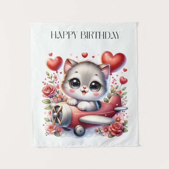 Kitten Pilot Birthday Tapestry (Front)
