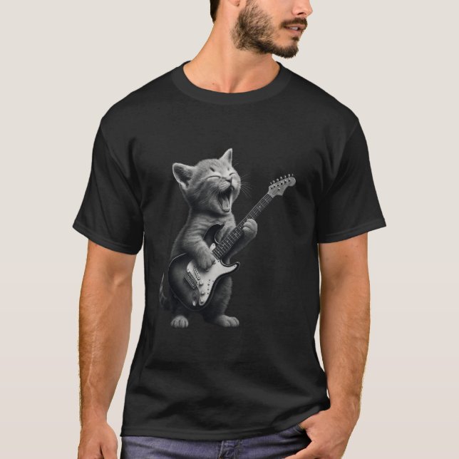 Kitten Playing Guitar Rock and Roll Funny Cat Guit T-Shirt (Front)