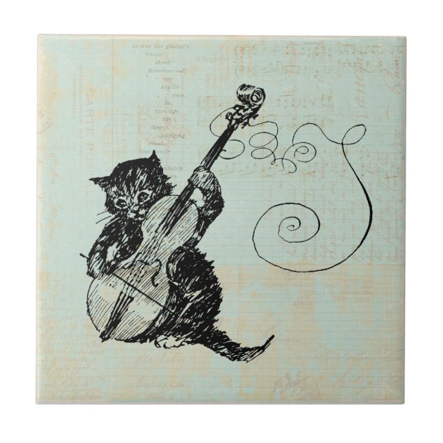 Kitten Playing Violin Teal Music Cat Illustration Ceramic Tile (Front)