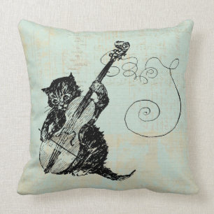 Kitten Playing Violin Teal Music Cat Illustration Cushion