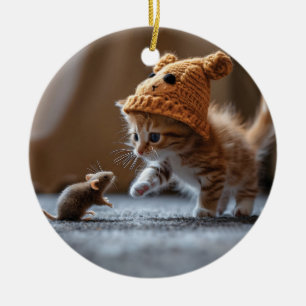 Kitten playing with a small mouse ceramic ornament